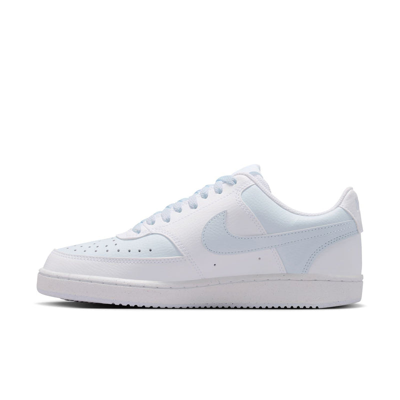 Women's low-top sneakers in white with light blue overlays and perforated toe.