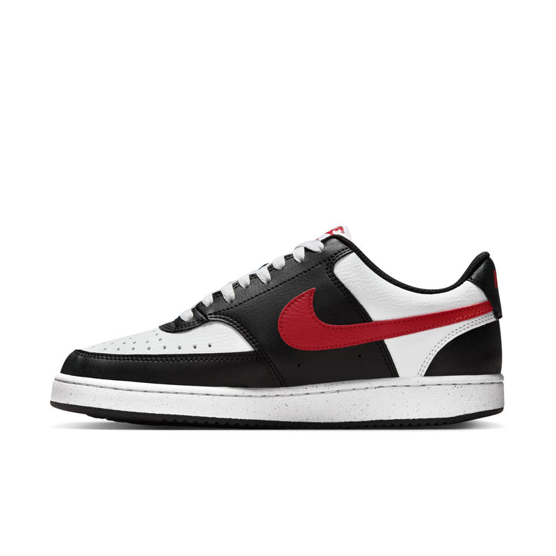 Women's low-top sneakers in black and white leather with red swoosh stripe, lace-up.