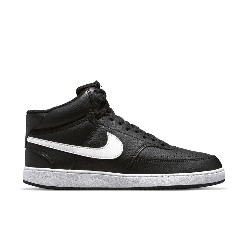 Black mid-top sneakers with white Swoosh and white rubber sole