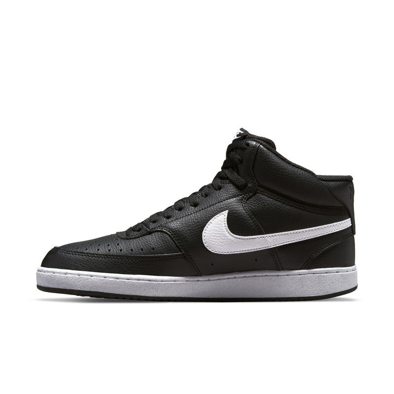 Black mid-top sneaker side profile with white Swoosh and white sole