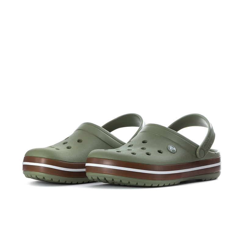 Men's Crocband clogs, olive green, twin-strap design, vent holes, and striped sole
