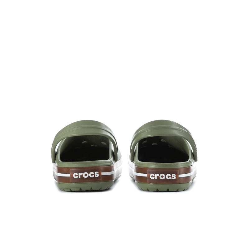 Back view of olive green Crocband clogs with heel strap and 'crocs' logo on sole