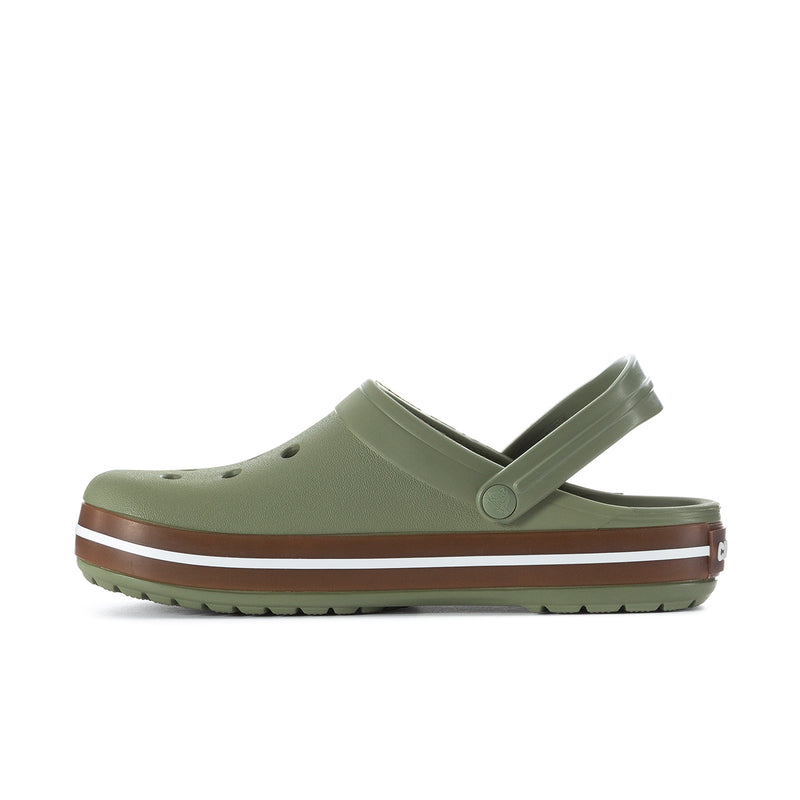 Men's Crocband clogs in olive green with strap toggle and brown-and-white rubber sole