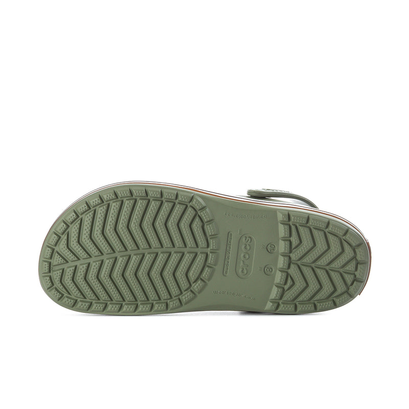 Olive green Crocband clog outsole with textured traction pattern and molded logo details