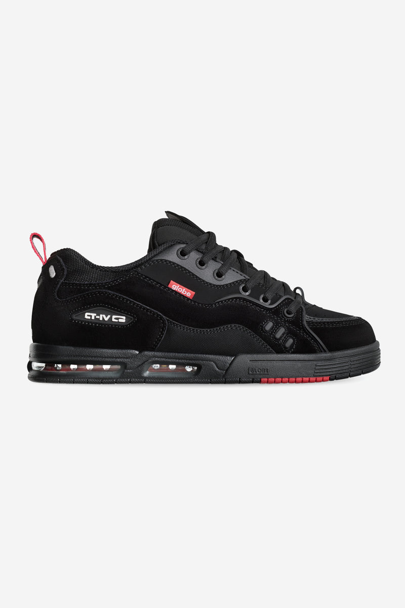 CT-4 Black Suede skate shoe side view with red pull tab and Globe label