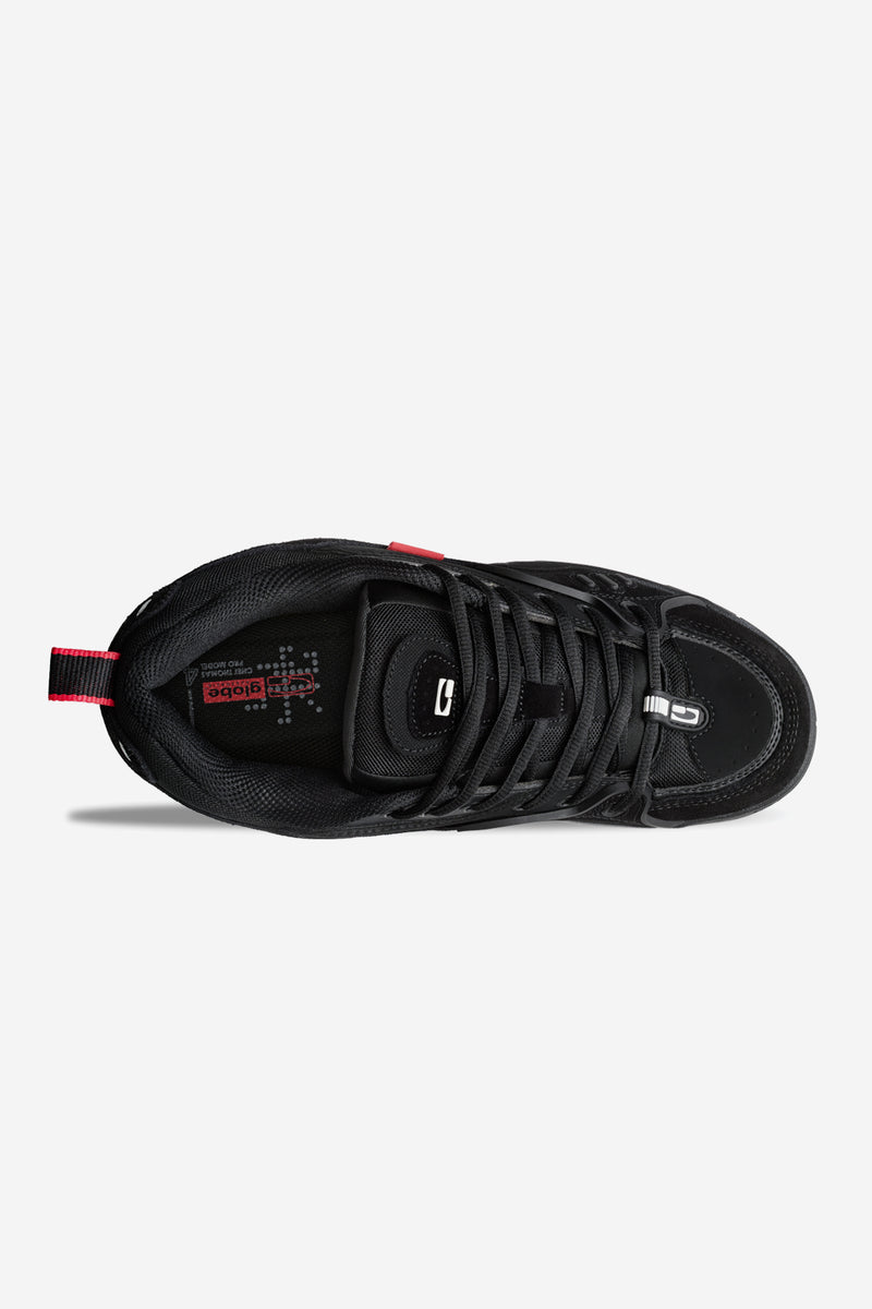 Top view of CT-4 Black Suede sneaker with black laces and red accents