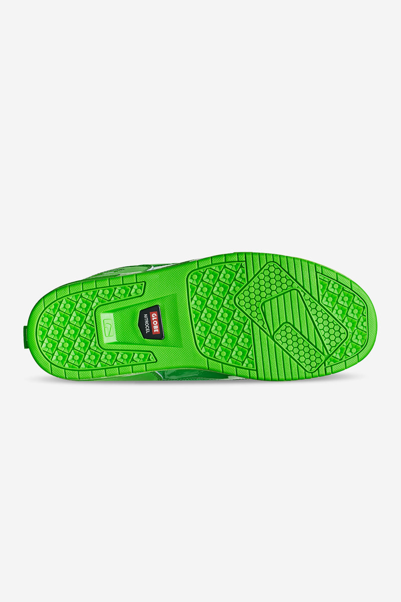 Bottom view of CT-4 Green sneaker with textured tread and Globe logo on the sole