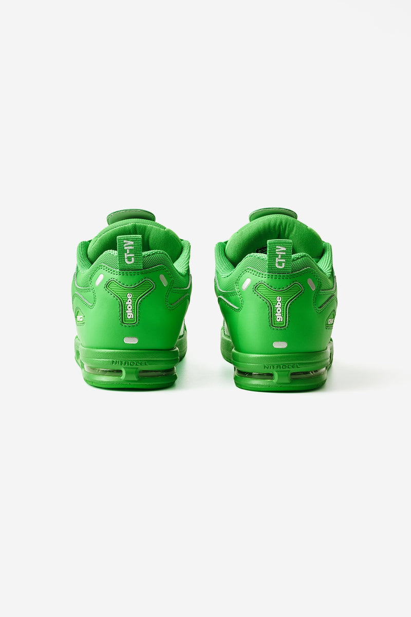 Rear view of CT-4 Green Globe skate sneakers with bright green uppers