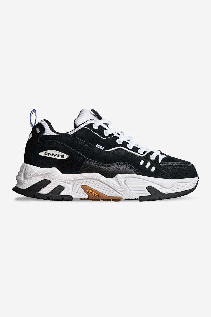 CT-4000 black and white chunky skate shoe with white laces blue heel loop and Vibram EVA sole.