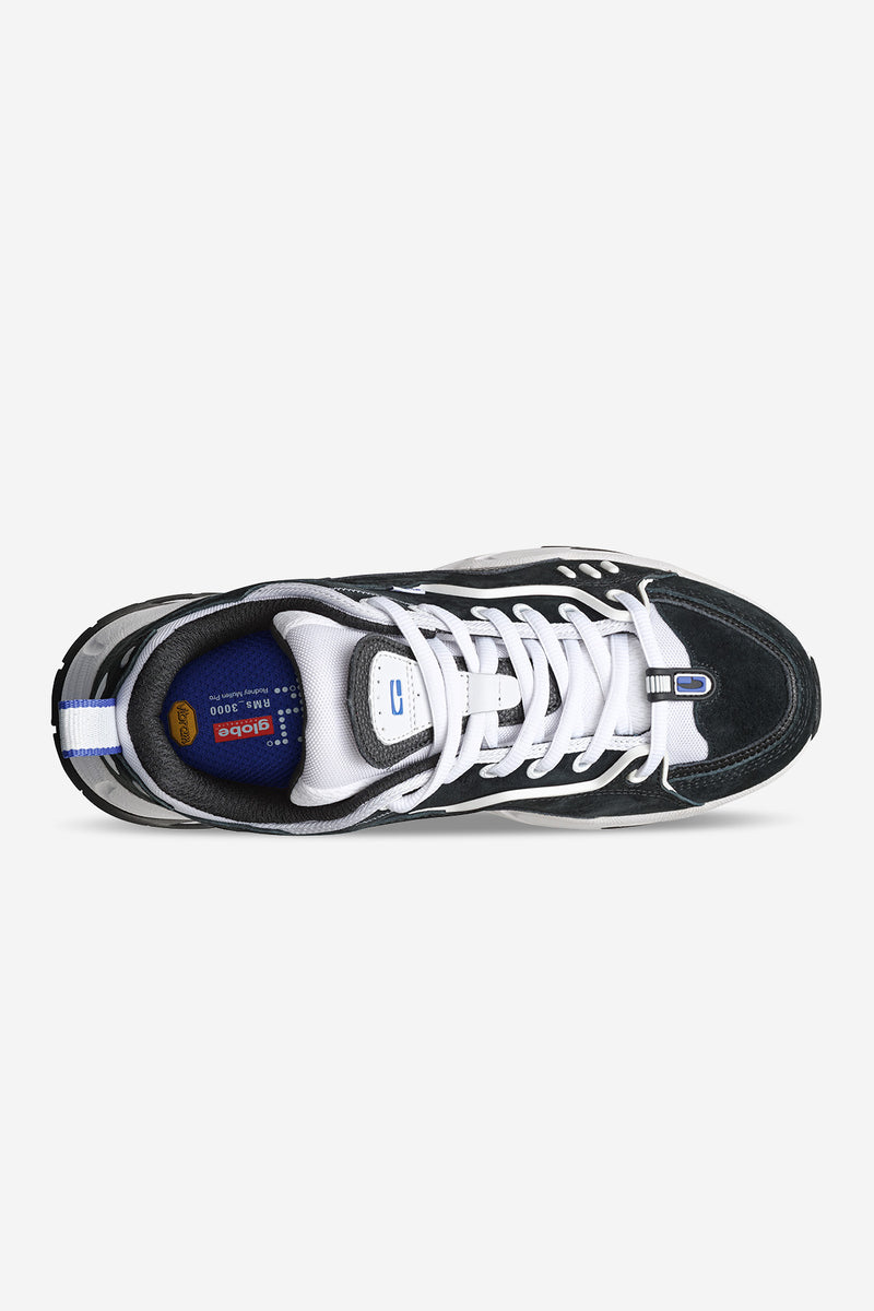 Top view of CT-4000 sneaker showing black suede panels white accents white laces and blue interior lining.