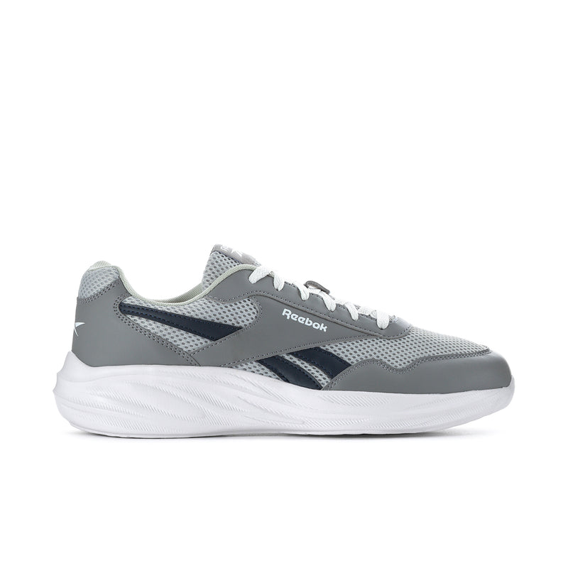 Men's Reebok grey running sneakers with white sole, mesh upper and lace-up closure