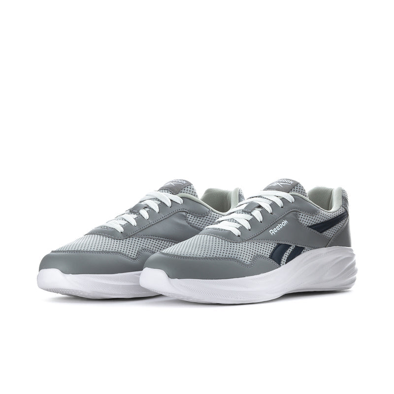 Reebok grey lace-up running sneakers, side view with white midsole and stitched overlays