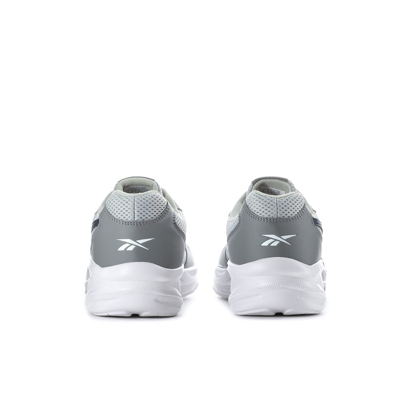 Reebok grey sneakers, back view with white midsole and Reebok logo on heel