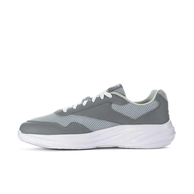 Reebok grey running sneakers, angled side view with breathable mesh and white outsole