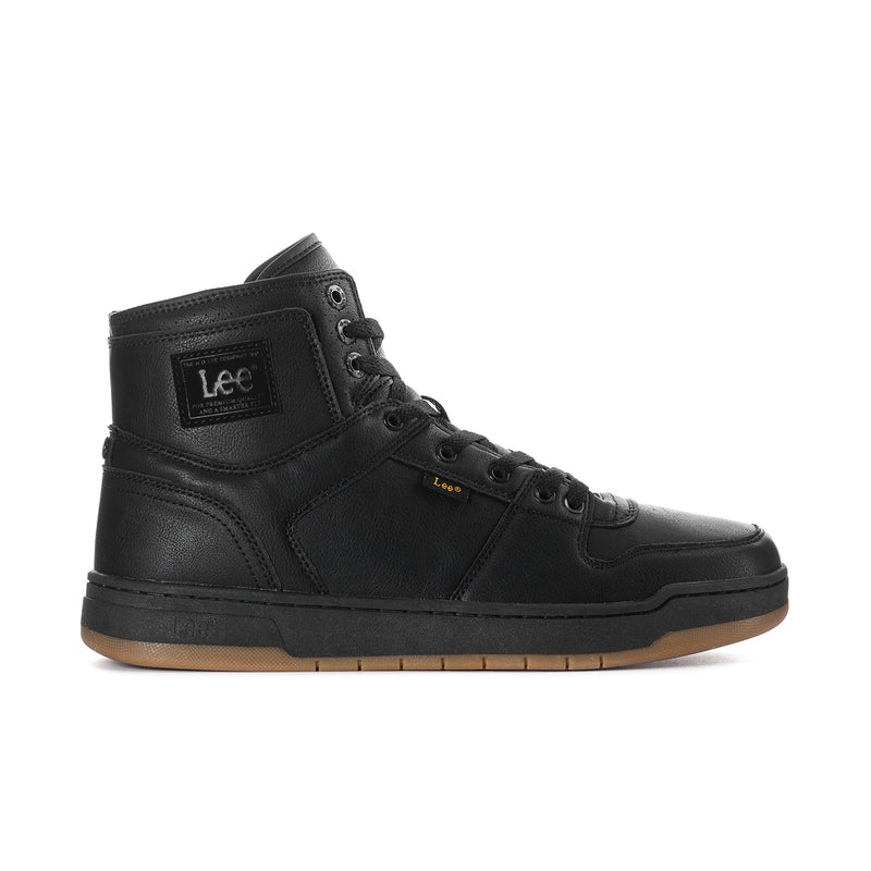 Black high-top lace-up men’s sneaker with Lee logo and gum rubber outsole