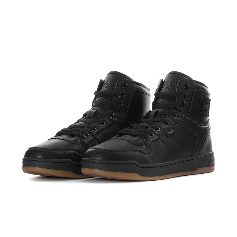 Pair of black high-top lace-up sneakers with Lee logo and gum outsole