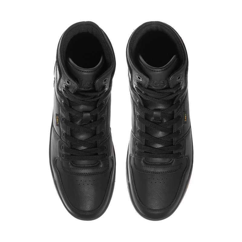 Black lace-up high-top sneakers, front view with textured stitching details