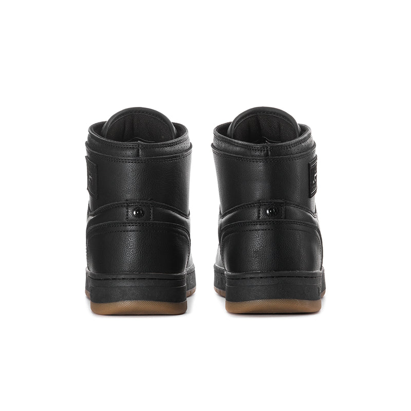 Black high-top lace-up sneakers from the back with padded collar and gum sole