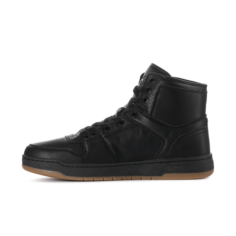 Black high-top lace-up sneaker with side panels and gum rubber outsole