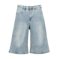 Light blue denim jorts with front button, zip fly, and two side pockets