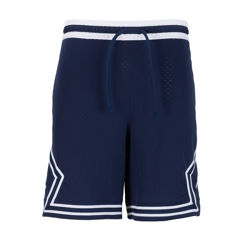 Men's midnight navy basketball shorts with drawstring and white striped hem