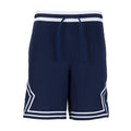 Men's midnight navy basketball shorts with drawstring and white striped hem