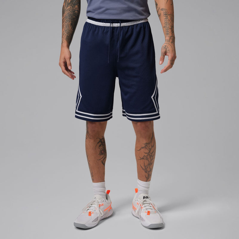 Men's midnight navy basketball shorts with elastic waistband and white side stripes