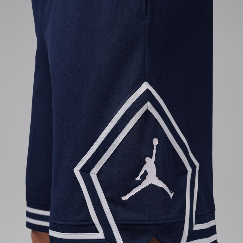 Men's midnight navy shorts with side chevron lines and Jumpman-style logo