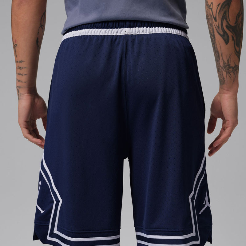Men's midnight navy basketball shorts with white chevron stripes at hem