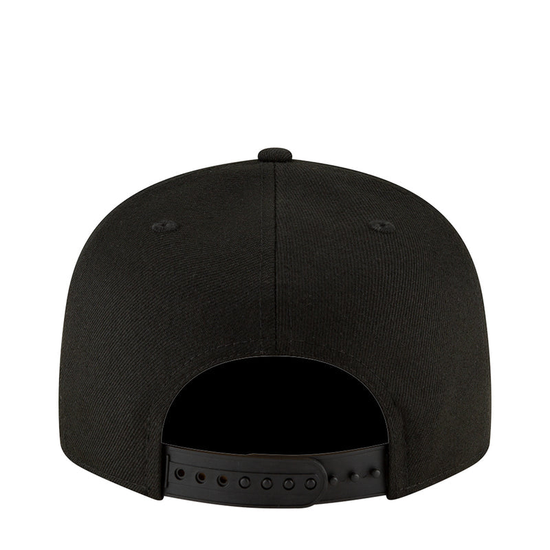 Black snapback baseball cap with open back and black leatherette strap