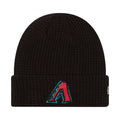 Black waffle-knit beanie with folded cuff and red/teal A logo patch