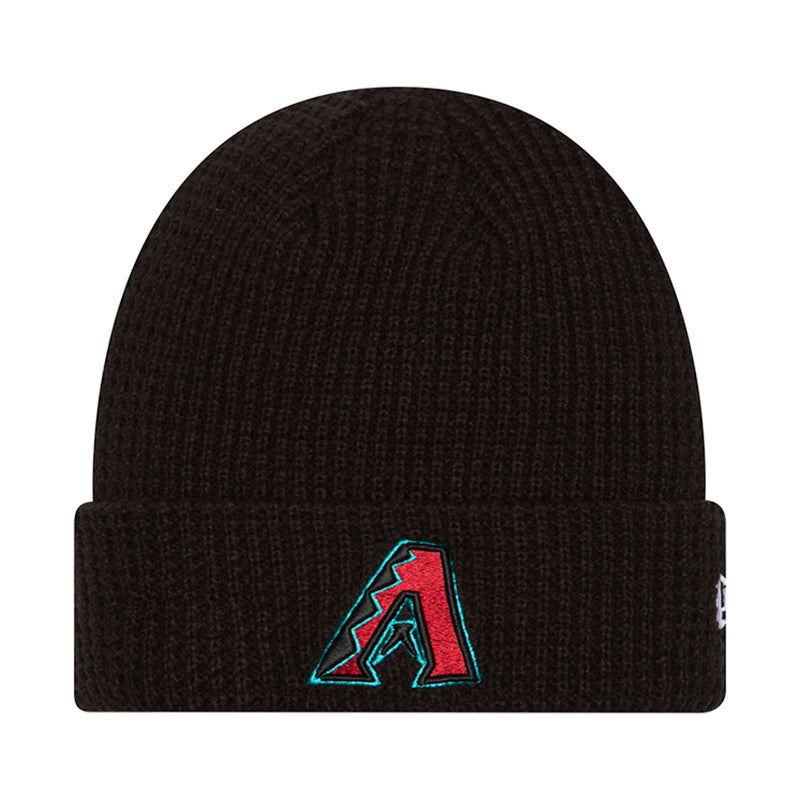 Black waffle-knit beanie with folded cuff and red/teal A logo patch