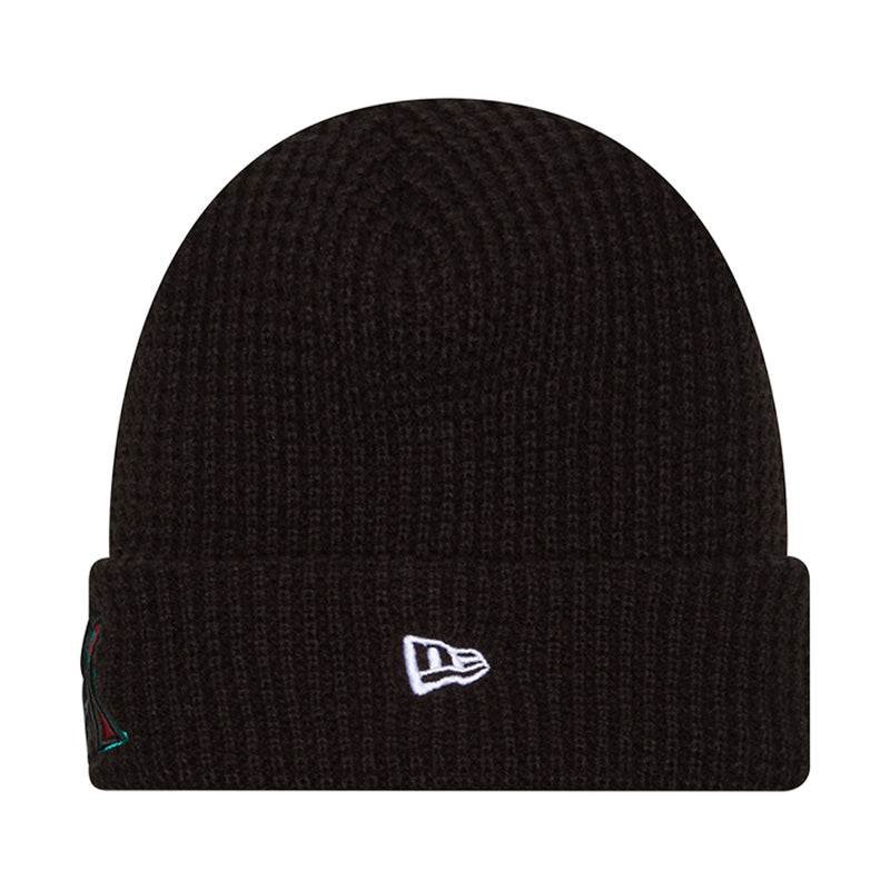 Black waffle-knit beanie with folded cuff and white New Era logo