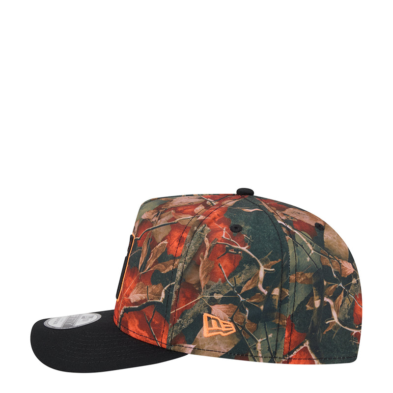 Tree camo A-frame cap with black underside brim and small RE logo on side