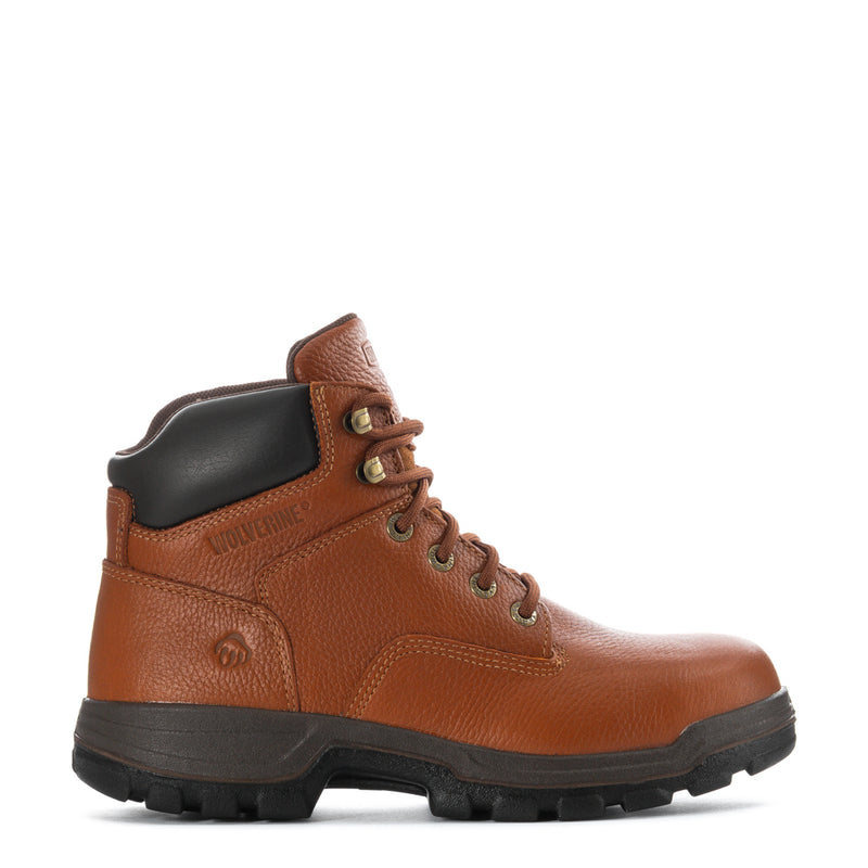 Men's brown steel-toe work boot with black ankle panel, lace-up high-top, treaded sole