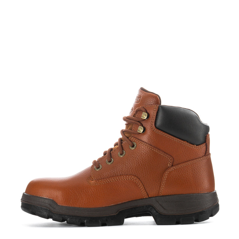 Men's brown steel-toe boot, lace-up front view, black heel and collar panels