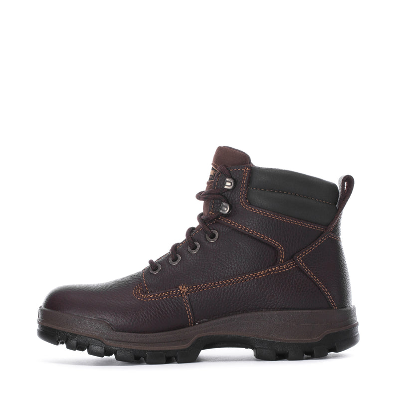 Men's dark brown lace-up work boot with side stitch detailing and padded tongue