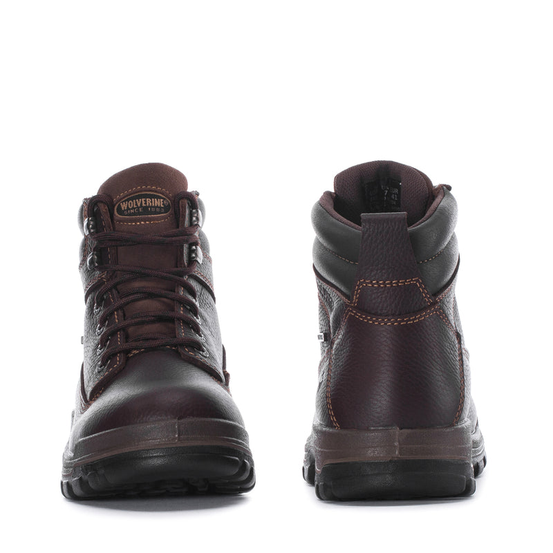 Pair of dark brown work boots, heel and toe views with lace-up front
