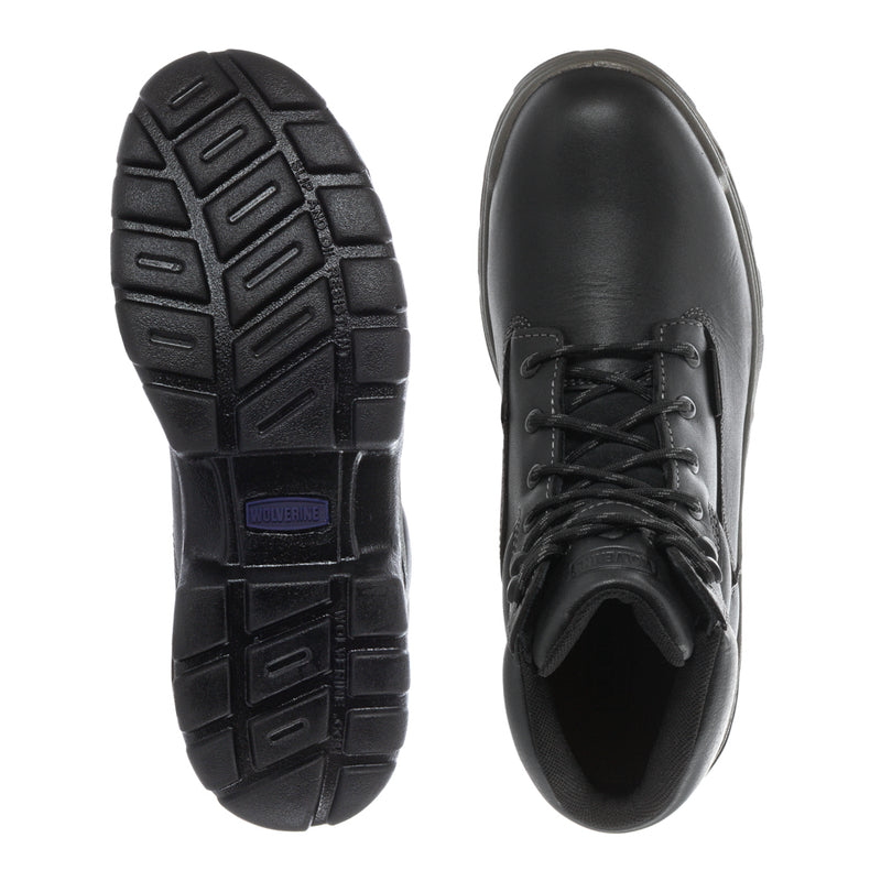 Black lace-up work boots: outsole and interior view with grippy tread