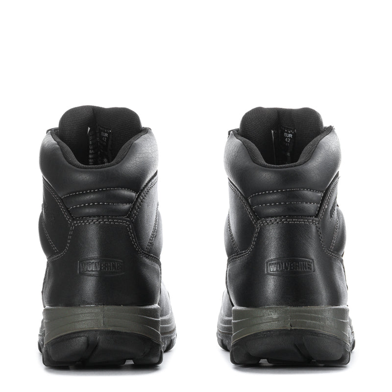 Black lace-up work boots, back view, padded collar and cushioned heel area