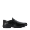 Black men's slip-resistant loafer-style shoes, side profile with smooth upper