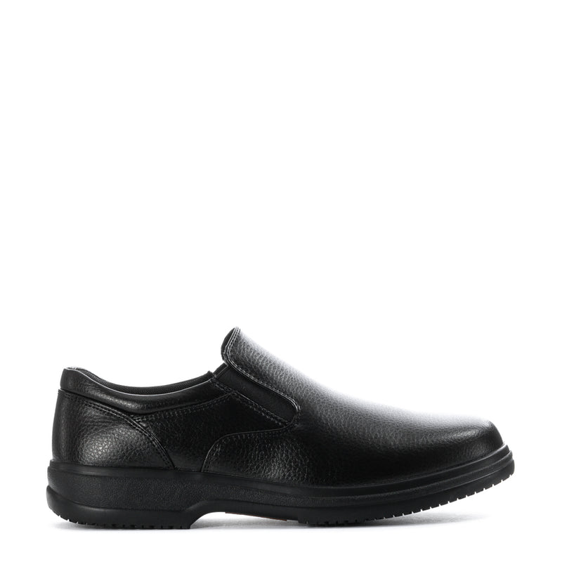 Black men's slip-resistant loafer-style shoes, side profile with smooth upper