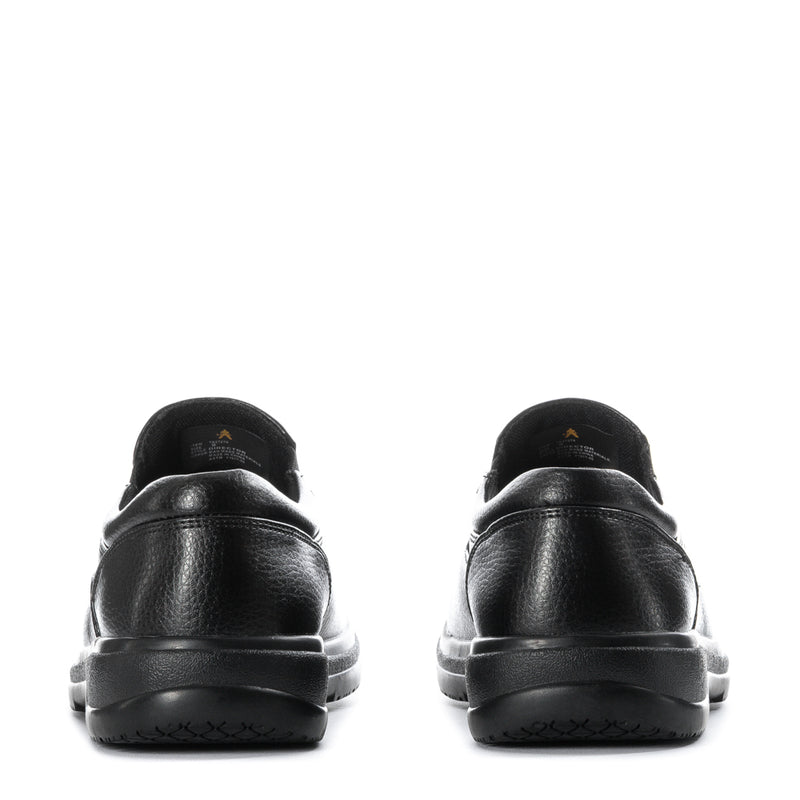 Black men's slip-resistant loafer-style shoes, rear view with cushioned heel