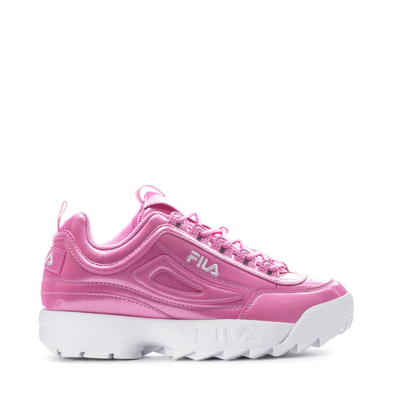 Youth pink metallic FILA sneakers with chunky white sole and lace-up front