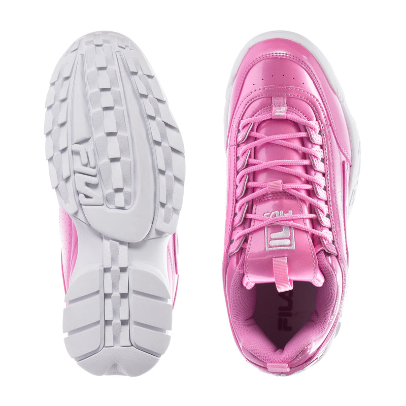 Youth pink metallic FILA sneakers, outsole and top view showing tread and laces