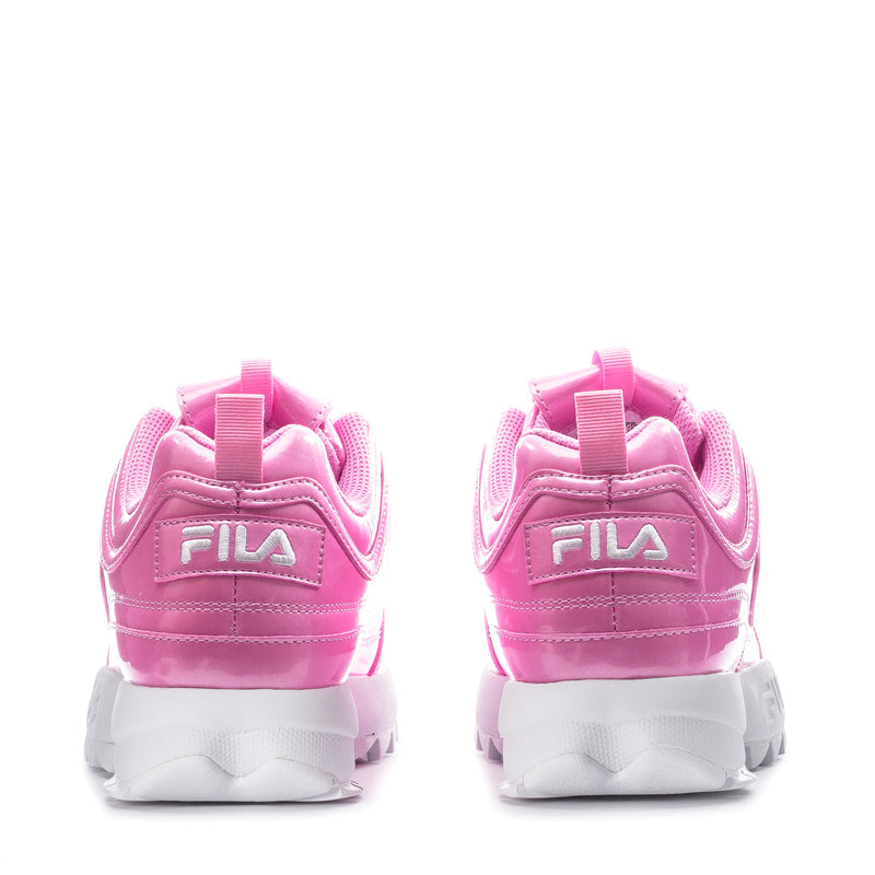 Youth pink metallic FILA sneakers, heel view with FILA logo and white midsole