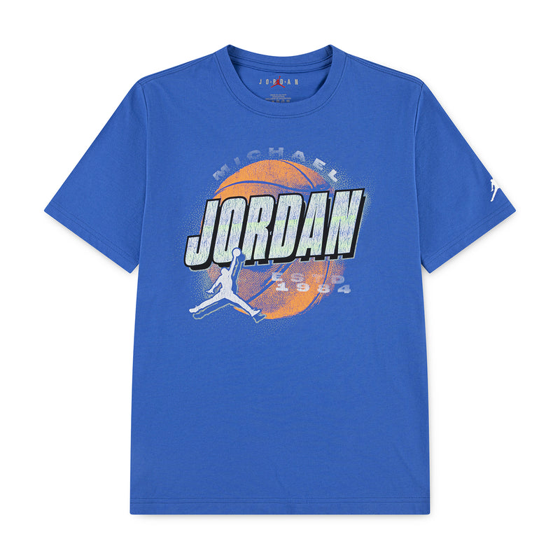 Youth blue crew-neck short-sleeve distressed graphic T-shirt with Jordan logo front