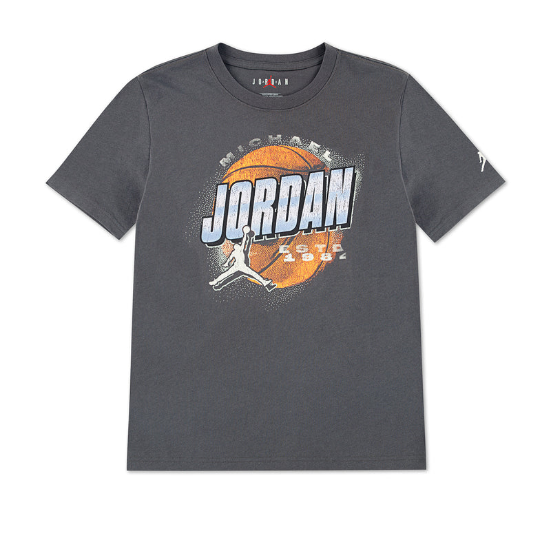 Youth iron grey T-shirt with distressed Jordan logo graphic on the front