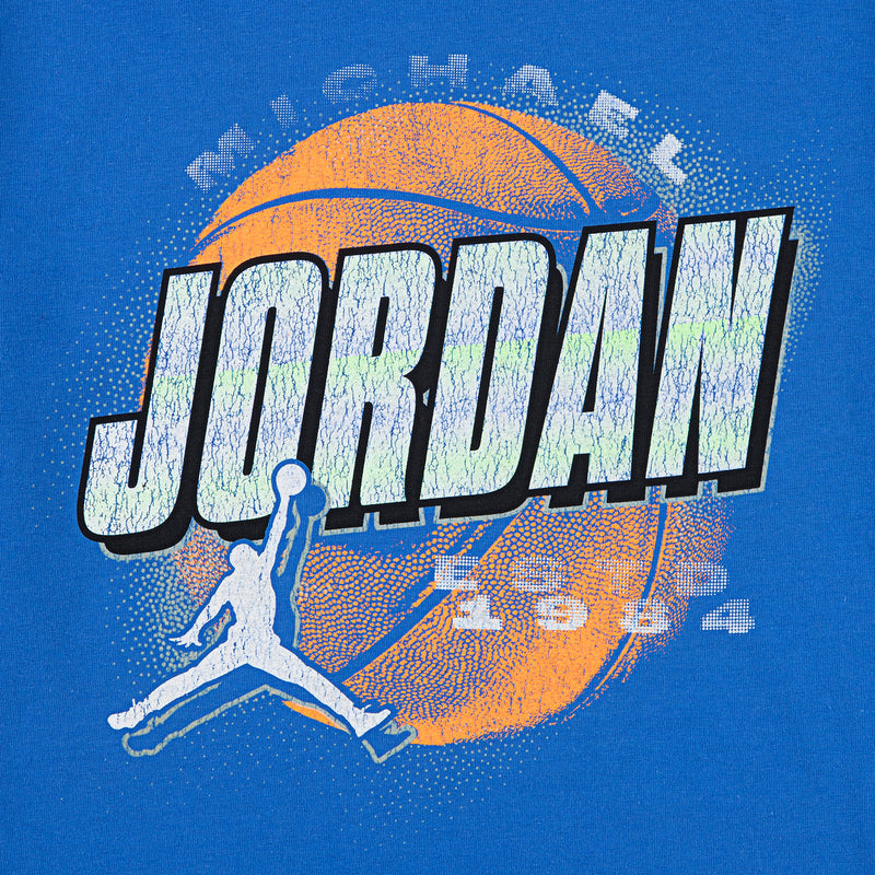 Youth blue distressed Jordan basketball graphic T-shirt front close-up