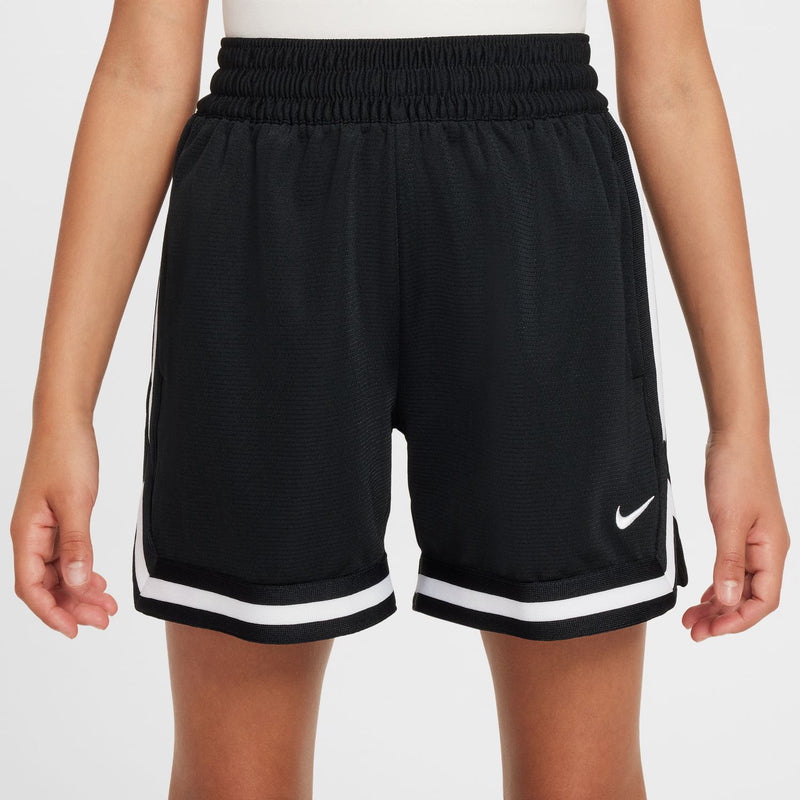 Black youth shorts with elastic waist, white piping, and Nike side logo.